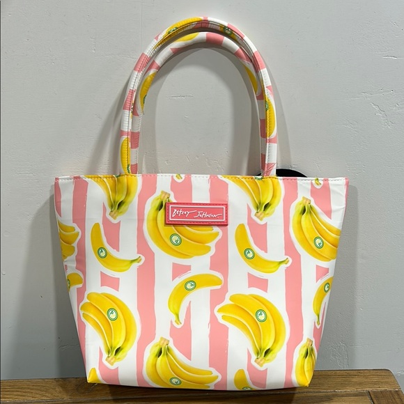 Betsey Johnson Handbags - Betsey Johnson, Insulated Pink and Yellow Banana Print Lunch Tote Bag